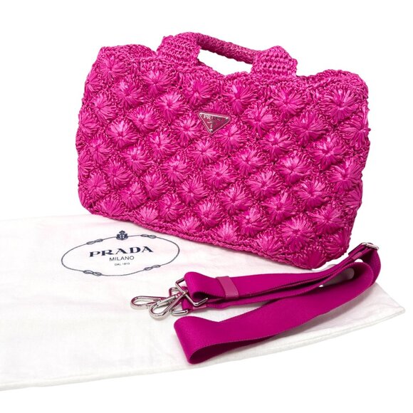 PRADA Vintage Triangle Logo Canapa Tote Bag Handbag Pink Raffia [106407] - Picture 5 of 16